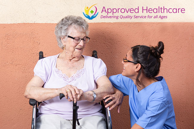 An image of an older lady with a psw worker from Approved Healthcare Etobicoke providing Home Care Services